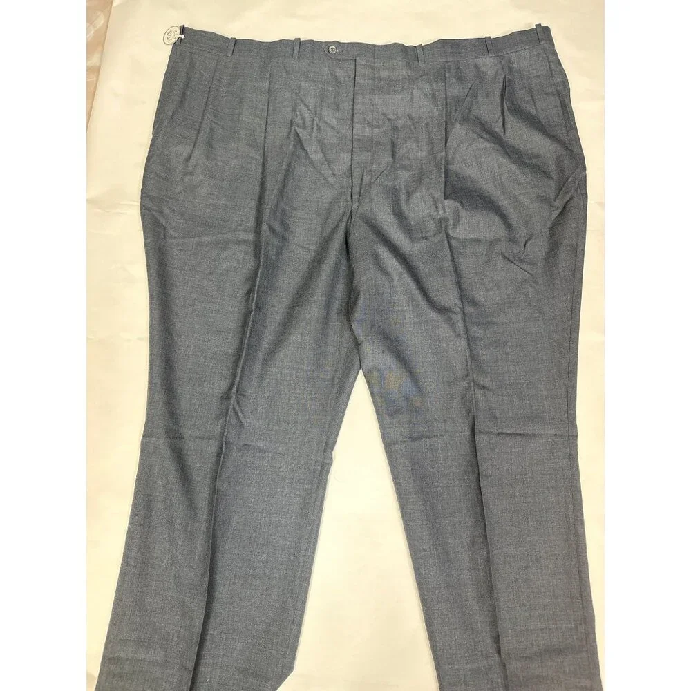 Berle Mens 56x37 Gray Worsted Wool Pleated Dress Pants Unfinished Hem